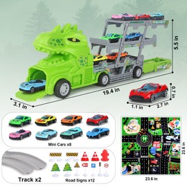 Dreamon Dinosaur Transport Car Carrier Truck Toy for Boys and Girls,24 Pcs Hauler Truck with Car Toys and Road Sings,Car Launcher Birthday Gift for Kids Ages 3 4 5 Years Old
