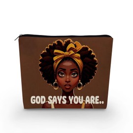 YULUENZE African American Lady Makeup Bag Cute Small Canvas Organizer Bag with Zipper God Says You Are Cosmetic Bag Aesthetic Birthday Present for Women Sisters Friends