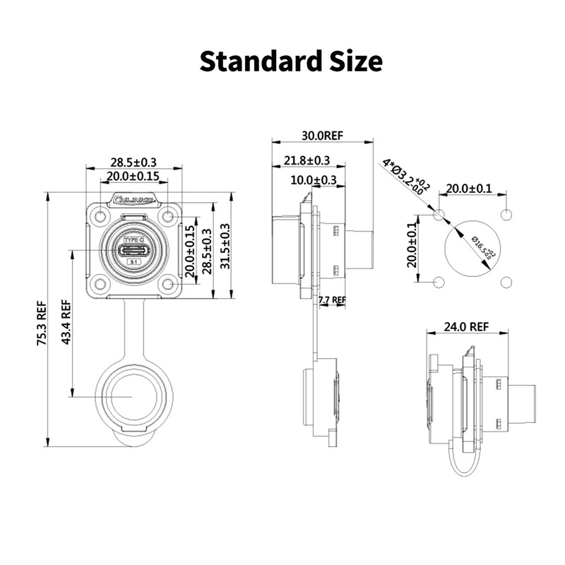 CNLINKO LP-16 Type-C Port Waterproof Connector IP67 4-Hole Metal Panel