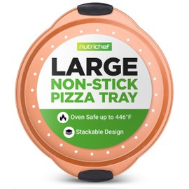 NutriChef 13-Inch Nonstick Pizza Tray - Round Carbon Steel Non-Stick Pizza Baking Pan with Perforated Holes, Premium Bakeware Pizza Screen with Silicone Grip Handles, Dishwasher Safe - Copper