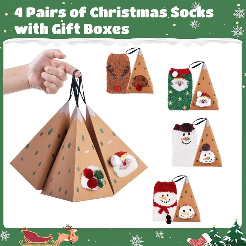Zoylink 4 pcs fluffy socks, cuddly Christmas socks, cute cartoon,