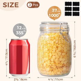 ComSaf Airtight Glass jar with lid 37oz Set of 3, Glass Storage Containers with Lids, Glass Canisters, Striped Clip Fastening Jar for Kitchen Canning, Tea, Pasta, Sugar, Beans, Cookie, Jam, Oat