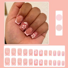Viugex 24Pcs Short Square False Nails, French Pink Flower Press on Nails, Nude Elegant Soft Gel Fake Nail Kit, Acrylic Full Cover Stick on Nail with Jelly Glue, Women Girls Nail Art Accessories