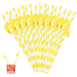 LXUEJIE 20Pcs Lemon Paper Straws, Disposable Cocktail Straws Yellow Striped Straw Milkshake Lemonade Stand Supplies Decorative Drinking Straw for Cocktails, Lemonade, Daily Use and Holiday Party