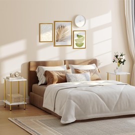 HOOBRO End Table, Small Side Table, Nightstand with 2-Layer Storage Shelves, Sofa Table for Small Spaces, Living Room, Bedroom, Stable Frame, Easy Assembly, Gold and Marble DM09BZ01