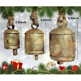 MAI Set of 3 Giant Harmony Metal Cow Bells Huge Vintage Handmade Rustic Christmas Hanging Bells on Rope.
