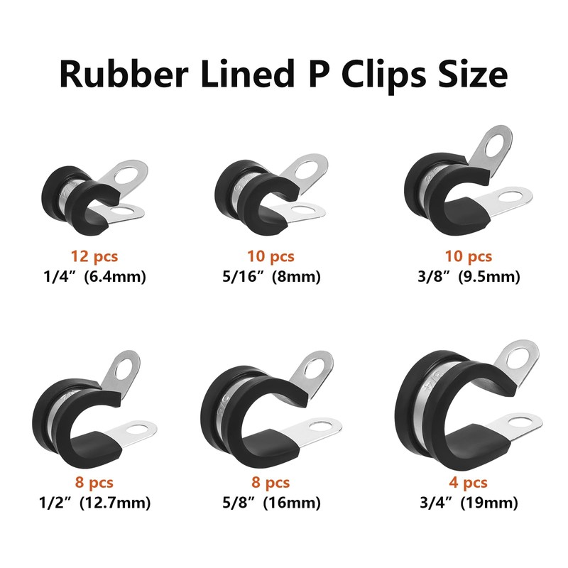 52PCS Rubber Lined P Clips, Stainless Steel Rubber Hose Pipe