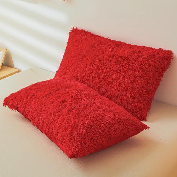 ERLOXO Red faux fur pillow cover，Ultra soft Shaggy Plush red