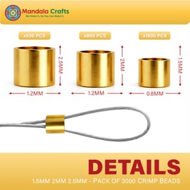 Mandala Crafts Jewelry Crimps Beads for Jewelry Making - 3000 PCs 1.5mm 2mm 2.5mm Gold Tone Crimper Tubes - Crimping Beads Stoppers for Beading