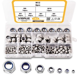 Vigrue 182 piece lock nuts, set of 304 stainless steel nylon self-locking lock nuts, size M3, M4, M5, M6, M8, M10, M12
