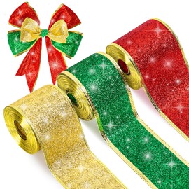 JarThenaAMCS 3 Rolls Christmas Ribbon 2.5" Xmas Glitter Wired Ribbon for Christmas Tree 30 Yard Red Green Gold Craft Ribbon for Bow Wreath Craft Gift Wrap Party Decor