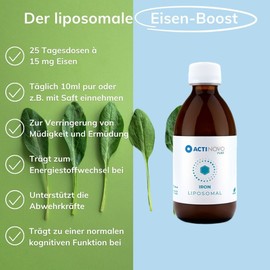 Iron, 25 daily doses of 15 mg iron, vegan, 250 ml, high dose and laboratory tested, more effective than capsules and tablets, liposomal, gluten-free, made in Germany