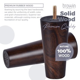 Btowin 5 inch Solid Wood Furniture Legs, 4Pcs Mid-Century Modern Wooden Wenge Tapered Replacement Feet with Threaded 5/16" Hanger Bolts & Mounting Plate for Sofa Couch Armchair Cabinet TV Stand