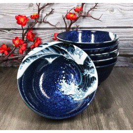 Set Of 6 Blue Japanese Hokusai Great Wave 6" Porcelain Soup Rice Tayo Bowls 19oz