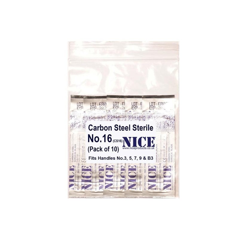 10 x NICE No.16 Sterile Carbon Steel CS16 Surgical Blades