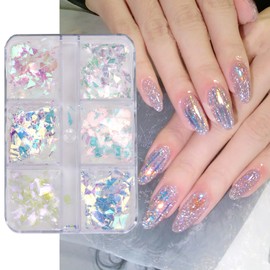 Mermaid Glitter Nail Art Sequins, Holographic 3D Magic Color Ultra Thin Transparent Shiny Nail Art Glitter Flakes Design, Glitter Irregular Nail Sequins Acrylic Supplies for Women Manicure Decorations