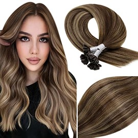 Vivien U Tip Extensions Echthaar Keratin 14 Zoll Extensions Echthaar U Tip Haarverlangerung Balayage Schokoladenbraun Gemischt Karamellblond #4/27/4 Haare Extensions Utip Echthaar 50g 50s