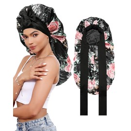 Long Bonnet Satin Bonnet for Sleeping Women Double Layer Hair Bonnet Braid Bonnet with Stretchy Tie Band(Black+Pink Rose)