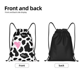 Gianlaima Black And White Cow Print Love Heart Cute Pink Drawstring Bags Backpack Sport Ball Bag Sport Gym Sack Drawstring Bag String Bag Yoga Dance Travel Bag For Men Women