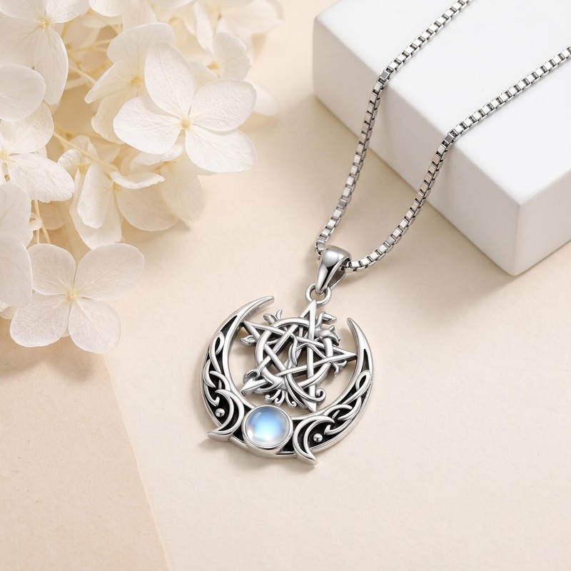 CRMAD Triple Moon Pentacle Necklace Moonstone Wiccan Celtic Knot Pentagram