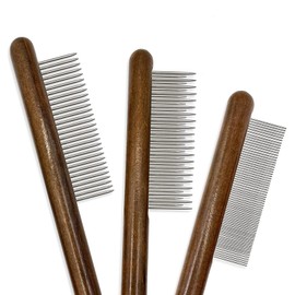 Buslint Professional Wooden Cat Comb - 3 Pack Dog Combs with Rounded Ends, Steel Teeth for Removing Tangles and Knots - Ideal Grooming Tool for Long and Short-Haired Dogs, Cats, and Other Pets