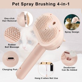 Pet Spray Hair Comb Brush for Shedding, 4 In 1 Brush for Long & Short Haired Cat&Dog, Self-Cleaning Hair Remover with Water Tank And LED Blue Light, Release Button(Pink)