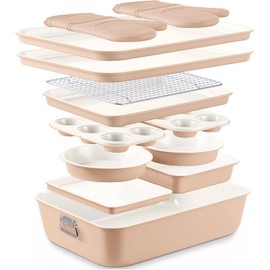 Country Kitchen Nonstick Stackable Bakeware Set - Deluxe Heavy Duty, Durable, Easy Release Baking Set, Taupe, 13 Pcs with Handles