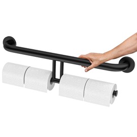 24 inch Black Grab Bar w/Double Roll Toilet Paper Holder, Zepolu 2-in-1 Safety Assist Bar Balanced Support Handle, Stainless Steel Wall Mounted Bathroom Toilet Grab Bar for Senior Elderly Handicap
