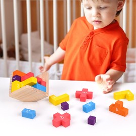 MINGZE Wooden Puzzles Brain Teaser Toy 54 T-shaped Blocks Geometric Intelligence Game Sphere Puzzles For Adults/Kids(rainbow)
