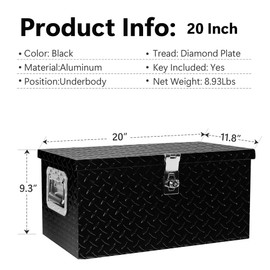 20 Inch Black Aluminum Truck Tool Box - Flat Bed Storage Chest for Pickup, RV, ATV & Trailer