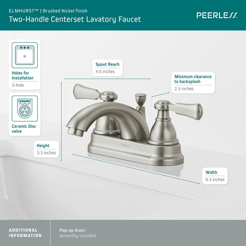 Peerless P2465LF-BN Elmhurst Two-Handle Bath Faucet Centerset, Brushed Nickel