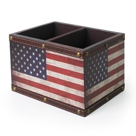 DreamsEden Remote Control Holder Caddy with 2 Compartments Wooden Control Storage Table Caddy Desktop Organizer Office Supply (US Flag)