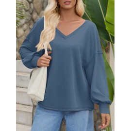 Fisoew Womens Oversized Sweatshirts Casual V Neck Lantern Long Sleeve Shirts Loose Fall Tunics Pullover Tops
