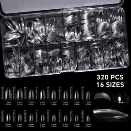 KADS 320Pcs Deep C Curve Full Cover 16 Sizes Nail Tips Clear Pre-Built False Nail Extension Thick Sculpted Acrylic Nail Tip for Flat Nails Deep Curve, Almond