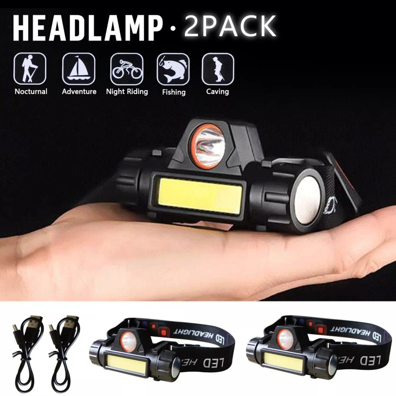 2x 1200000LM LED Headlamp Rechargeable Headlight Zoom Head Torch Lamp