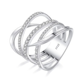 VIKI LYNN 925 Sterling Silver Multilayer Intertwined Cross Ring Cocktail Party Statement Ring for Women, 925 Sterling Silver with 18K White Gold Plated Cubic Zirconia., Cubic Zirconia