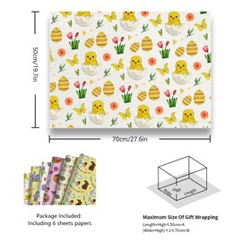 Easter Wrapping Papers, Easter Egg Rabbit Chick Butterfly Gift Wrap Paper, Happy Easter Day Wrapping Paper for Kids Girls Boys Family Friends in Easter Day or Birthday Party(6 Sheets in 6 Designs)
