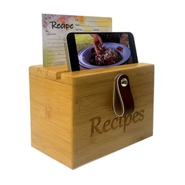 Gkesgm Bamboo Recipe Box with Cards and Dividers, Faux Leather Handle and Anti-slip Pad,70 Recipe Cards and 7 Dividers,Perfect for Organizing Your Favorite Recipes