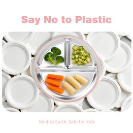 Bakpoco Stainless Steel Suction Plates for Toddlers, 9" Divided Kids Baby Plates with Removable Silicone Suction, Non Toxic Non Slip Portion Control Snack Dishes 4 Packs, Blue Green Gray Pink