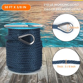 Anchor Rope 50 ft x 3/8 inch, Premium Solid Braid MFP Anchor Line, Boat Anchor Rope with 316 Stainless Steel Thimble & Shackle, Marine Anchor Rope for Many Anchors & Boats, Navy Blue