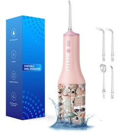 SARMOCARE Water Dental Flosser, Cordlss Oral Irrigator 300ML 4 Modes 4 Tips Pattern Water Tank Rechargeable Water Flossers for Home Travel (Pink)