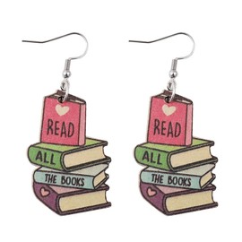 Teacher Wooden Stackable Book Dangle Earrings Library Book Back to School Earrings for Women-A