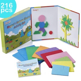 ZazzyKid Kids Magnetic Pattern Blocks Set: 216 PCS Geometric Shape Puzzles Tangram - STEM