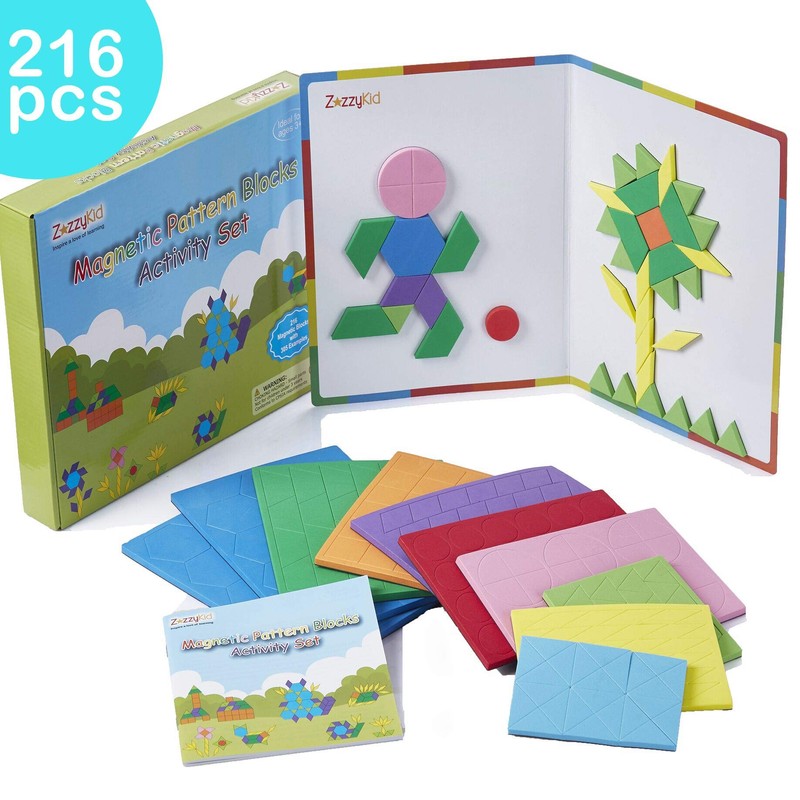 ZazzyKid Kids Magnetic Pattern Blocks Set: 216 PCS Geometric Shape