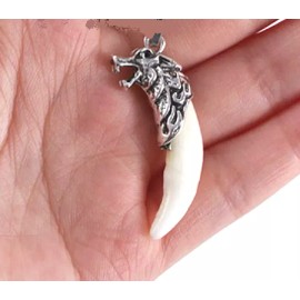 Fashion Jewelry REALISTIC BONE WOLF HEAD TOOTH FANG Pendant On 22" 925 Sterling Silver Necklace