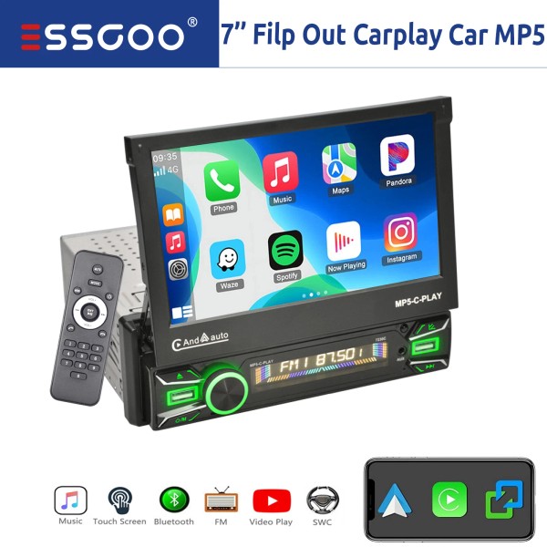 ESSGOO 7" Flip Out Car Radio Stereo Apple Carplay/Android Auto