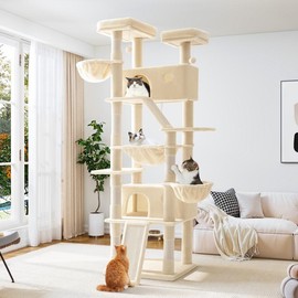 Allewie 【April Limited Deal】Allewie 82 Inches Tall Cat Tree/Multi-Level Large Cat Tree House and Towers for Large Cat/Cat Climbing Tree with Cat Condo and Hammock/Cat Tree Scratching Post/Wide Base - Color: Beige