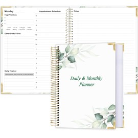 Undated Daily Monthly Planner for 2025 2026 - A4 To Do List with Hourly Schedule, Hardcover Spiral Bound Daily Planner to Increase Focus, Stylish School/Office Supplies, 8.5" x 11", Green Leaf