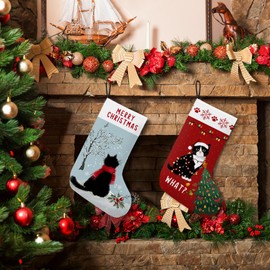 Black Cat Christmas Stockings, Cat Christmas Decor, Cats Blue Xmas Stockings, Black Cats Hanging Decorations Stocking for Kids Fireplace Holiday, 18 Inches