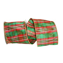 Reliant Ribbon Primary Metallic Plaid Dupioni Wired Ed Ribbon, 4 Inch X 10 Yards, Lime/red